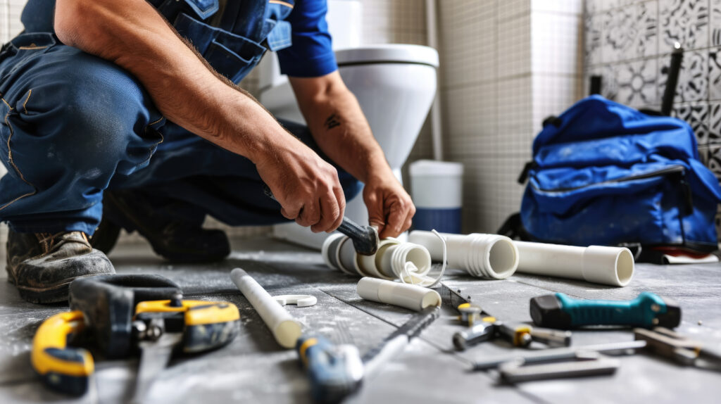 Plumber at work, fitting pipes on a bathroom floor - preventive plumbing tacoma wa